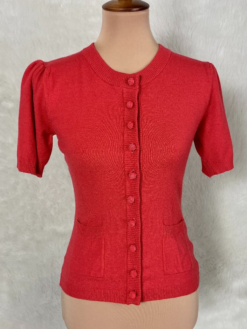 Unique Vintage Burnt Orange Knot Button Short Puff Sleeve Sweater Top NWT S